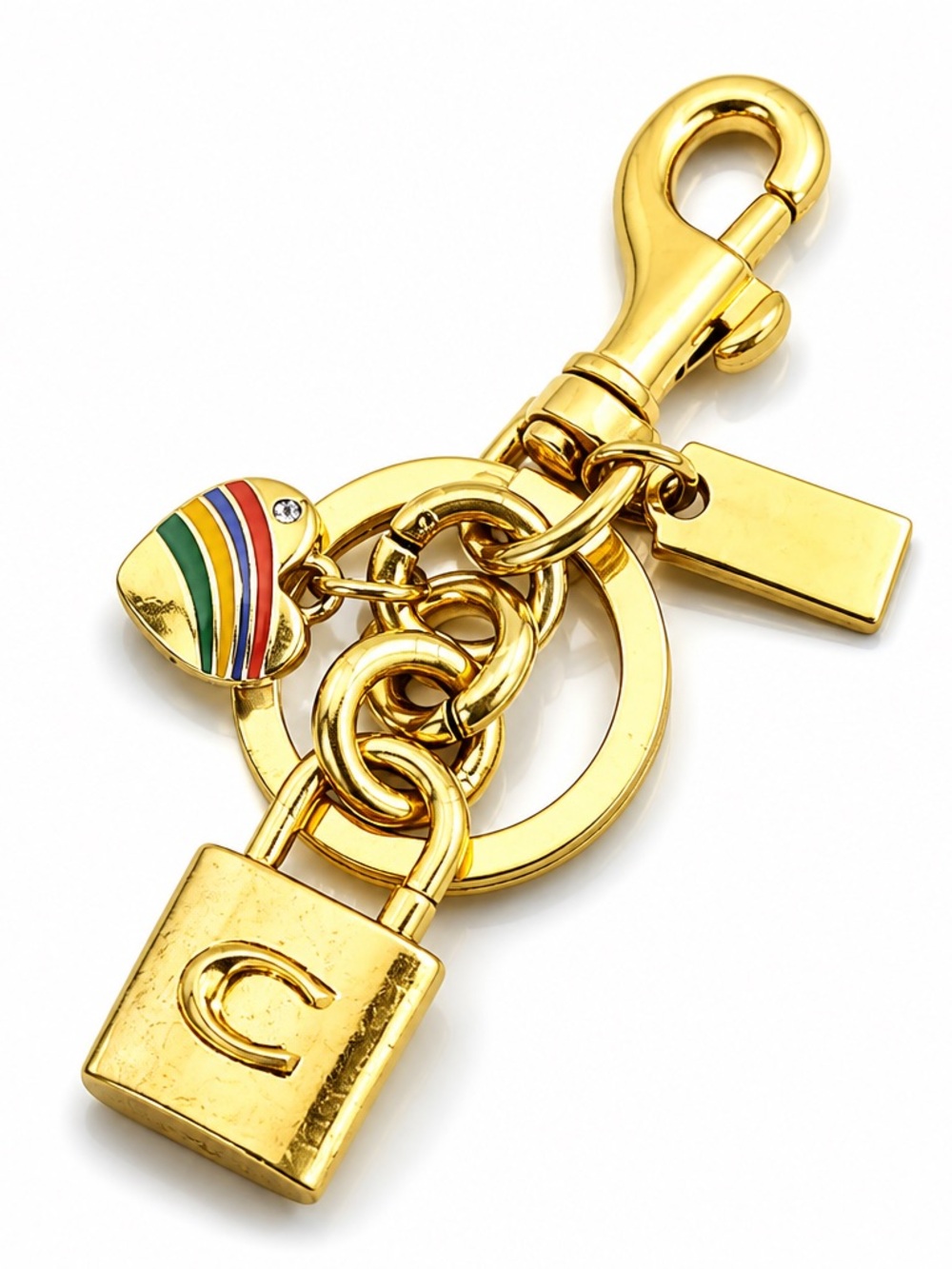 Coach Gold-Tone Padlock Key & Heart Charm with Rainbow Enamel